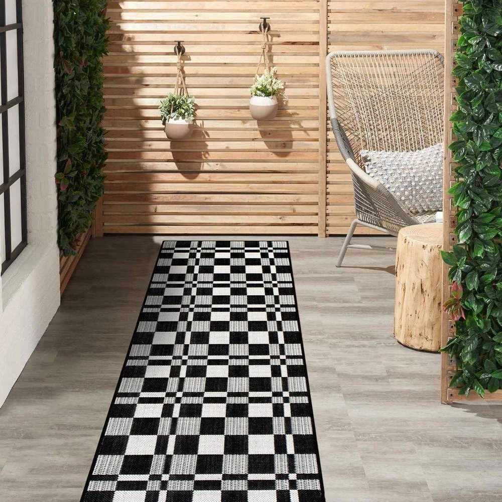 Black 2 ft. x 7 ft. Contemporary Plaid Flatweave Waterproof Backyard Indoor/Outdoor Area Rug by World Rug Gallery 5 Black 2 ft. x 7 ft. Contemporary Plaid Flatweave Waterproof Backyard Indoor/Outdoor Area Rug by World Rug Gallery - Image 5
