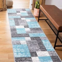 Blue 2 ft. x 7 ft. Modern Geometric Boxes Runner Area Rug by World Rug Gallery -Shaw stor online blue world rug gallery area rugs 2072blue2x7 c3 1000