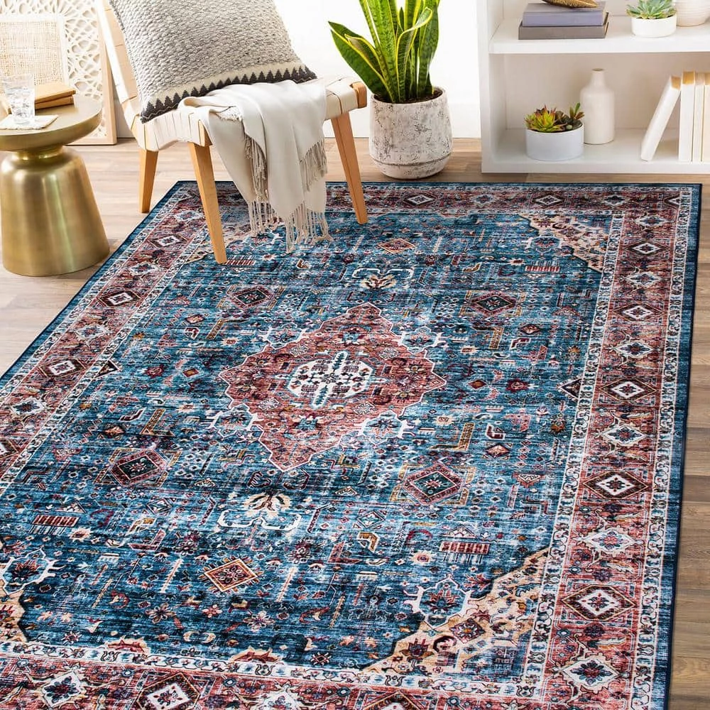 Blue 7 ft. 10 in. x 10 ft. Distressed Traditional Boho Machine Washable Area Rug by World Rug Gallery 8 Blue 7 ft. 10 in. x 10 ft. Distressed Traditional Boho Machine Washable Area Rug by World Rug Gallery - Image 8