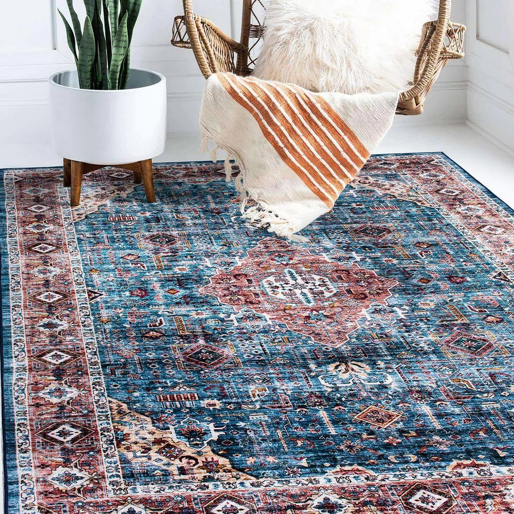 Blue 7 ft. 10 in. x 10 ft. Distressed Traditional Boho Machine Washable Area Rug by World Rug Gallery 7 Blue 7 ft. 10 in. x 10 ft. Distressed Traditional Boho Machine Washable Area Rug by World Rug Gallery - Image 7