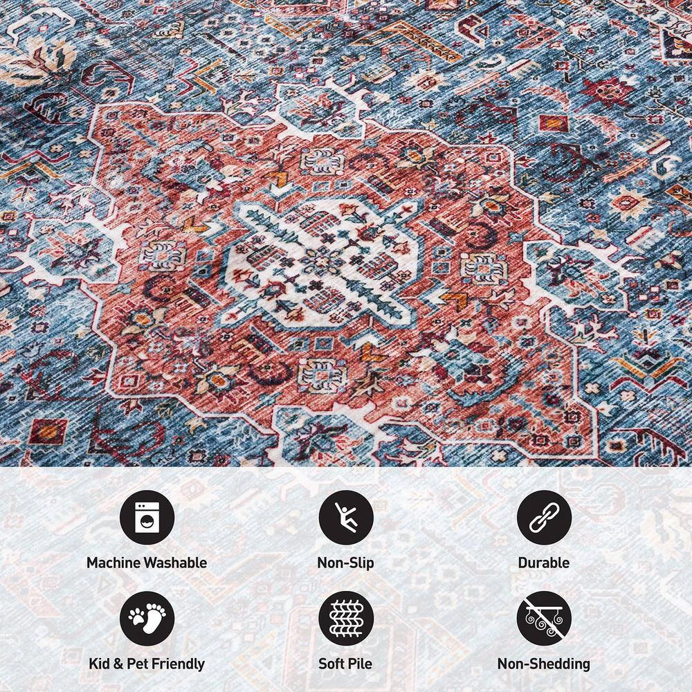 Blue 7 ft. 10 in. x 10 ft. Distressed Traditional Boho Machine Washable Area Rug by World Rug Gallery 5 Blue 7 ft. 10 in. x 10 ft. Distressed Traditional Boho Machine Washable Area Rug by World Rug Gallery - Image 5