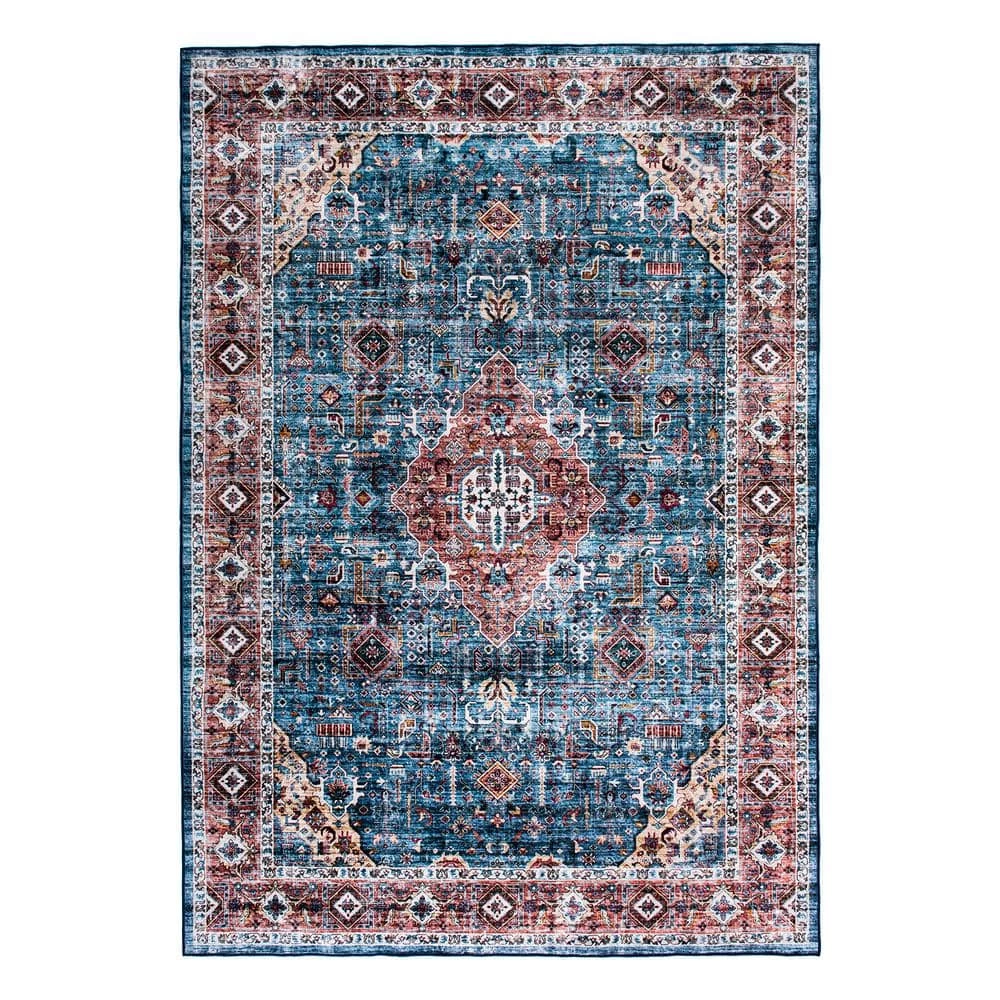 Blue 7 ft. 10 in. x 10 ft. Distressed Traditional Boho Machine Washable Area Rug by World Rug Gallery 1 Blue 7 ft. 10 in. x 10 ft. Distressed Traditional Boho Machine Washable Area Rug by World Rug Gallery