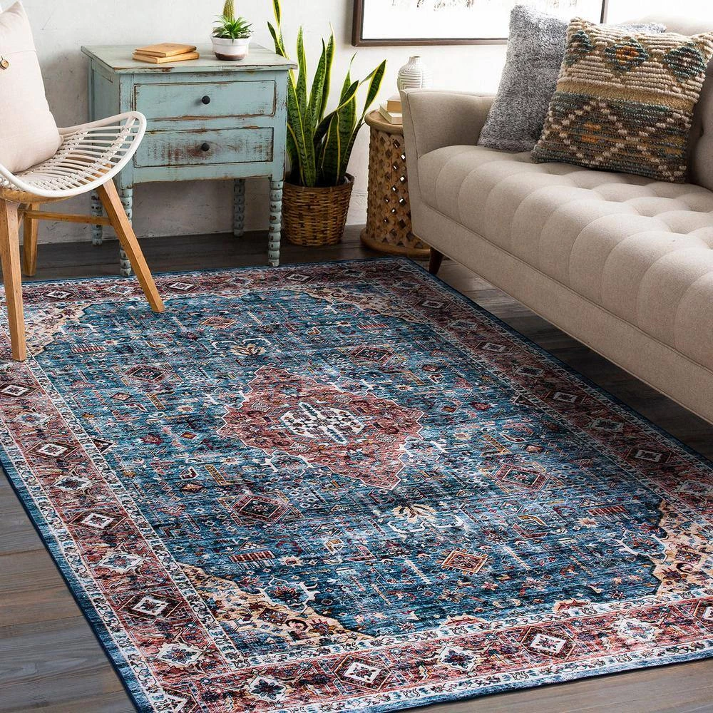 Blue 7 ft. 10 in. x 10 ft. Distressed Traditional Boho Machine Washable Area Rug by World Rug Gallery 4 Blue 7 ft. 10 in. x 10 ft. Distressed Traditional Boho Machine Washable Area Rug by World Rug Gallery - Image 4