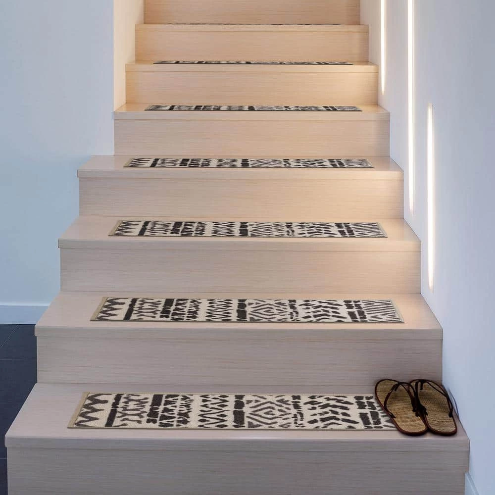 Bohemian Design Geometric Non-Slip Stair Treads 8.6" x 26" Cream (Set of 13) by World Rug Gallery 3 Bohemian Design Geometric Non-Slip Stair Treads 8.6" x 26" Cream (Set of 13) by World Rug Gallery - Image 3
