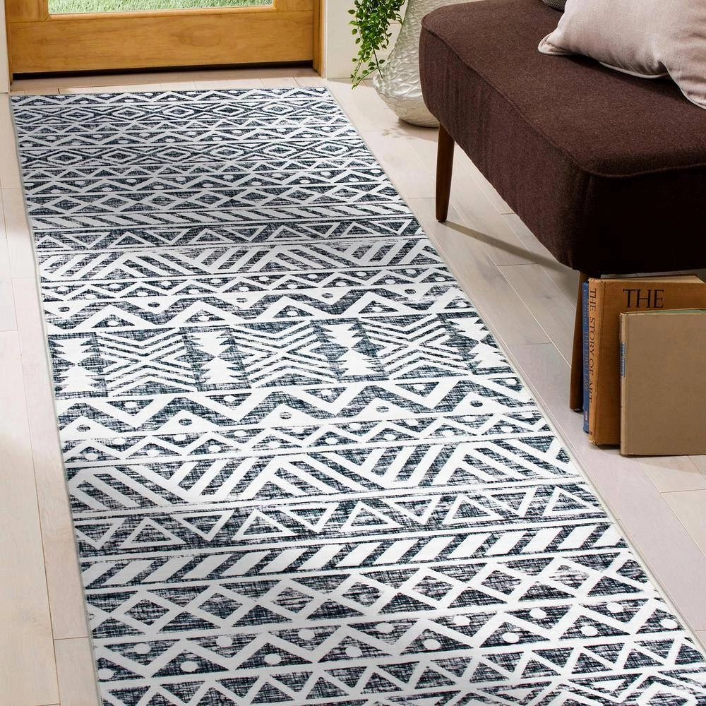 Gray 2 ft. x 7 ft. Contemporary Distressed Geometric Machine Washable Runner Rug by World Rug Gallery 4 Gray 2 ft. x 7 ft. Contemporary Distressed Geometric Machine Washable Runner Rug by World Rug Gallery - Image 4