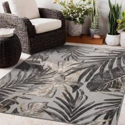 Gray 7 ft. 10 in. x 10 ft. Floral Leaves Indoor/Outdoor Area Rug by World Rug Gallery -Shaw stor online gray world rug gallery outdoor rugs 8012gray8x10 4f 1000