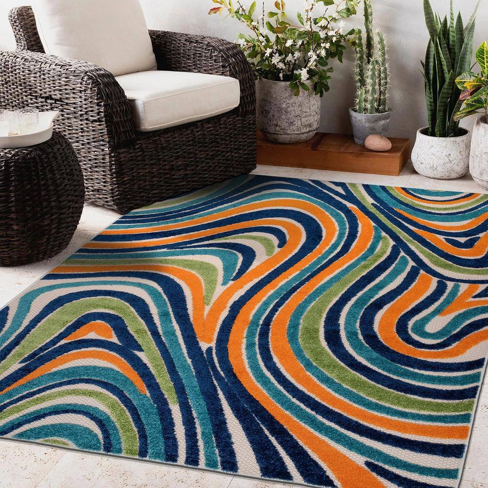 Modern Waves Multi 5 ft. x 7 ft. Indoor/Outdoor Area Rug by World Rug Gallery 5 Modern Waves Multi 5 ft. x 7 ft. Indoor/Outdoor Area Rug by World Rug Gallery - Image 5