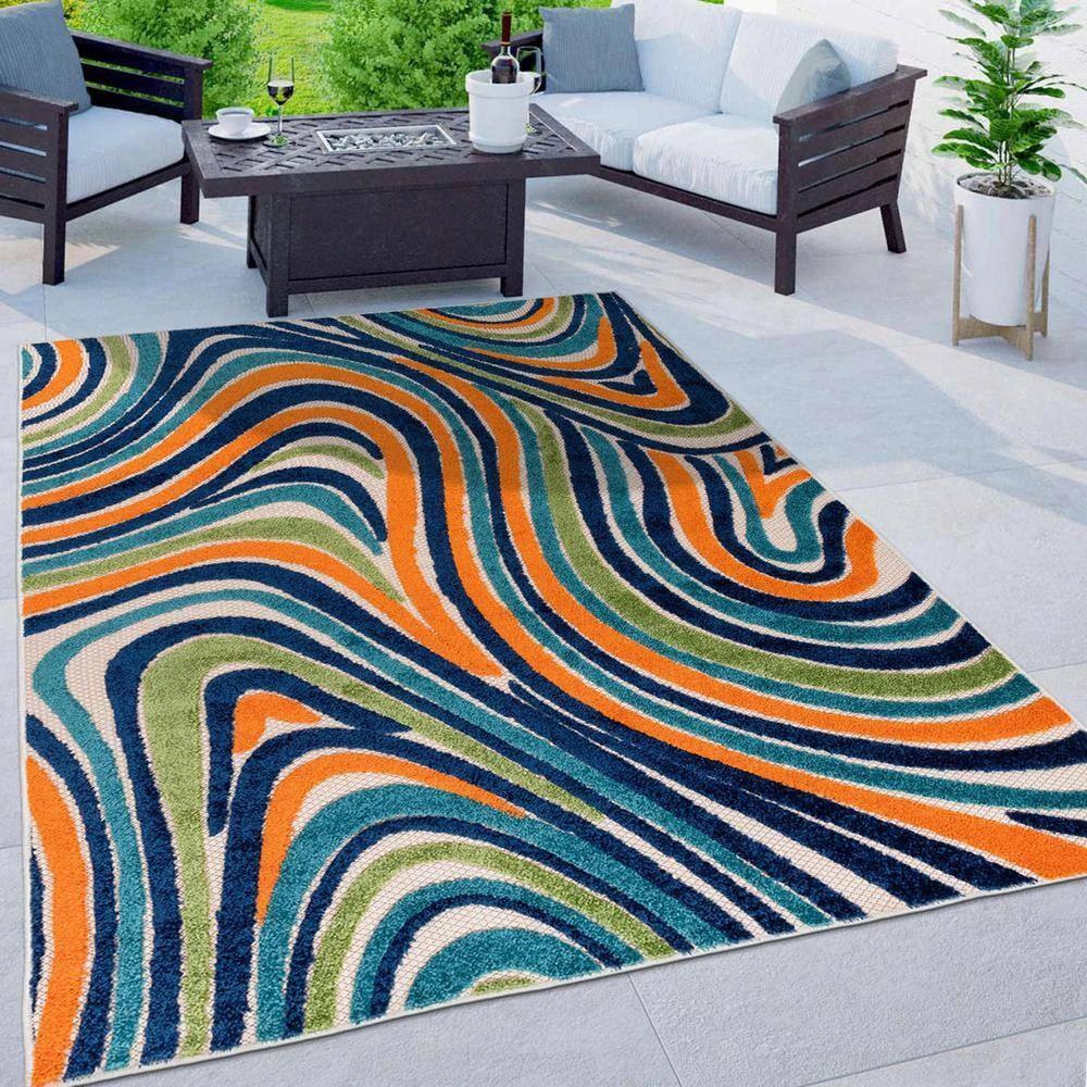 Modern Waves Multi 5 ft. x 7 ft. Indoor/Outdoor Area Rug by World Rug Gallery 4 Modern Waves Multi 5 ft. x 7 ft. Indoor/Outdoor Area Rug by World Rug Gallery - Image 4