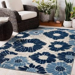 Palermo Navy 7 ft. 10 in. x 10 ft. Modern Floral Flowers Indoor/Outdoor Area Rug by World Rug Gallery -Shaw stor online navy world rug gallery outdoor rugs 8016navy8x10 4f 1000