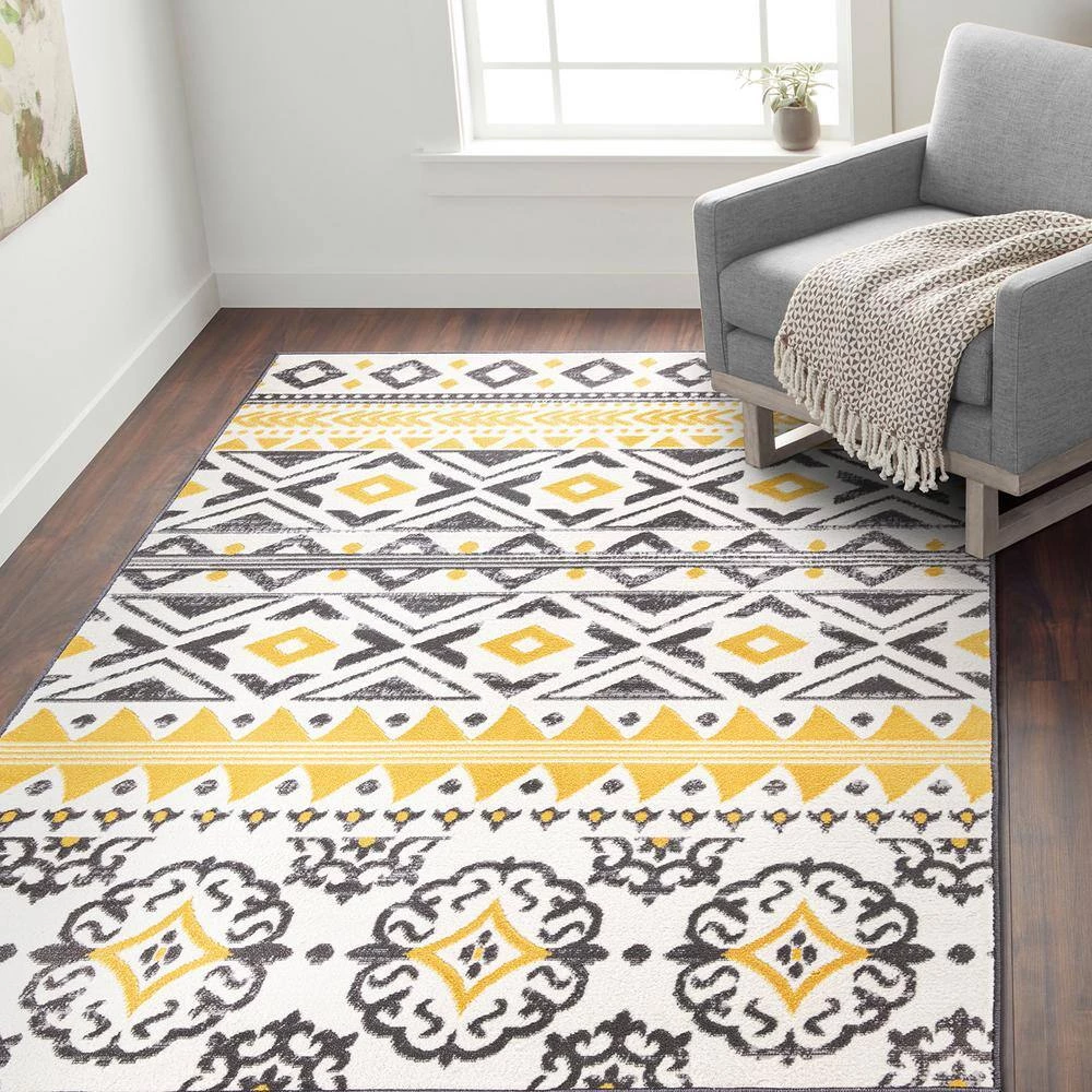 Yellow 7 ft. 10 in. x 10 ft. Distressed Boho Geometric Area Rug by World Rug Gallery 6 Yellow 7 ft. 10 in. x 10 ft. Distressed Boho Geometric Area Rug by World Rug Gallery - Image 6