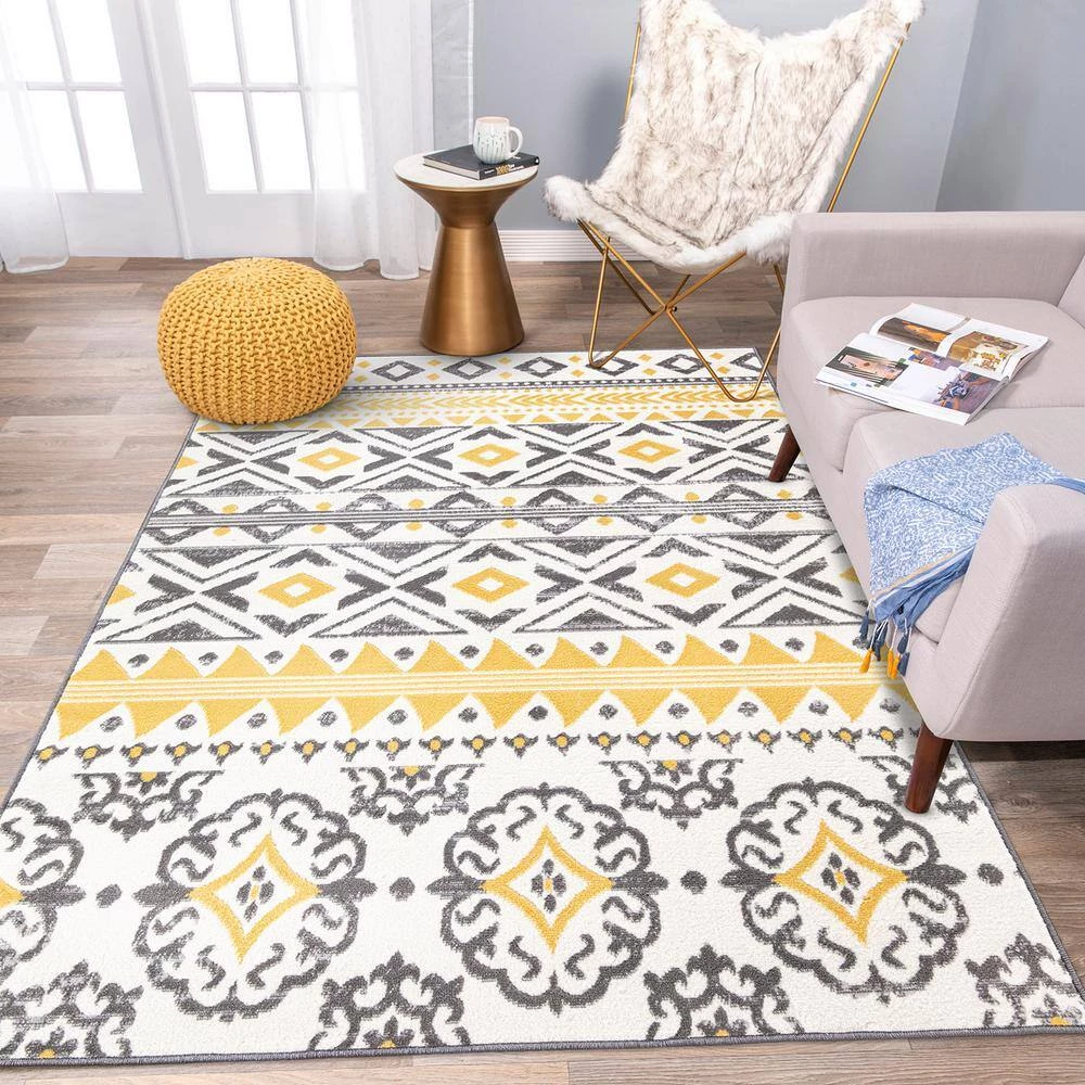 Yellow 7 ft. 10 in. x 10 ft. Distressed Boho Geometric Area Rug by World Rug Gallery 5 Yellow 7 ft. 10 in. x 10 ft. Distressed Boho Geometric Area Rug by World Rug Gallery - Image 5