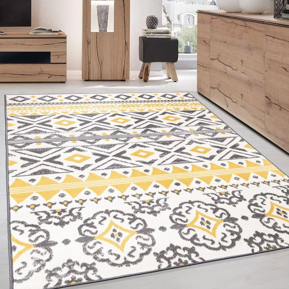 Yellow 7 ft. 10 in. x 10 ft. Distressed Boho Geometric Area Rug by World Rug Gallery 4 Yellow 7 ft. 10 in. x 10 ft. Distressed Boho Geometric Area Rug by World Rug Gallery - Image 4